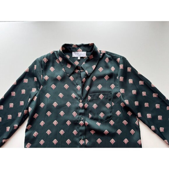 L'ACADEMIE Green Art Deco Shell Print Satin Button Down Shirt Blouse, Size XS - Picture 7 of 12